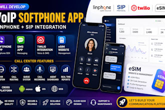 develop linphone app, softphone app, sms app, twilio integration, esim website