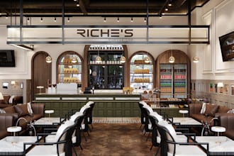 do luxury restaurant interior design, lounge, cafe 3d render and bar cgi