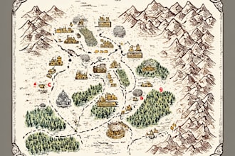 unique hand drawn map illustration of cities, fantasy
