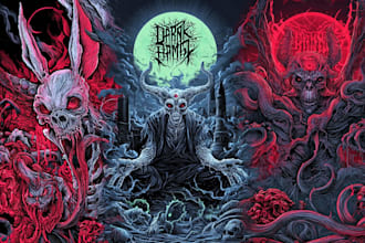 create detailed dark art illustrations for bands and merch