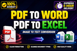 convert PDF to word, pdf to excel or image to text in 5 hour