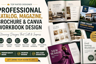 design product catalog, magazine layout, real estate brochure canva workbook
