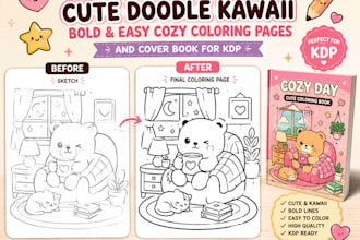 draw cute doodle kawaii bold and easy cozy coloring pages and cover book, KDP