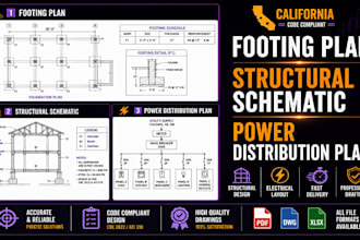create california footing plan, structural schematic, power distribution plans