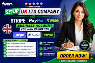 setup UK ltd company with stripe paypal wise business account, for non residents