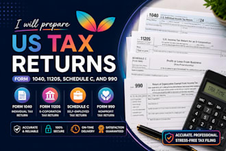 prepare US tax returns form 1040, 1120s, schedule c, and 990