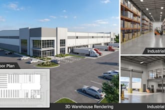 design warehouse 2d floor plan, industrial building, factory and  3d rendering