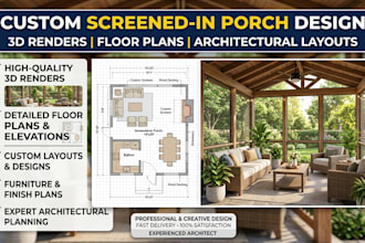 design a custom screened in porch with 3d render and floor plans