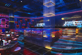 style 3d speakeasy bar dance floor interior,mesh sitting area,hotel club counter