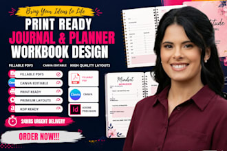 design print ready journal workbook, planner workbook, and fillable PDF