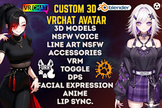 do custom vrchat avatar, 3d vtuber anime, furry nsfw model, vrc animaze setup