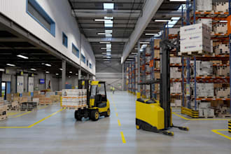 quality warehouse rendering,industrial interior cgi,pallet racking design layout