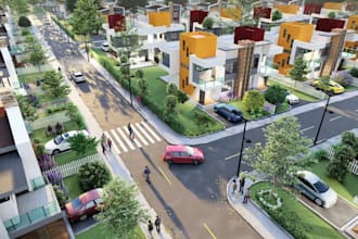 aerial view 3d  master planned community,cgi exterior render,villa house complex