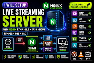setup nginx rtmp live streaming server with hls, dash, m3u8, ffmpeg, obs and vlc