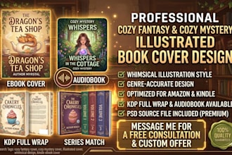 design a cozy fantasy or cozy mystery illustrated book cover