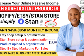 setup 7 figure shopify digital product store, etsy shop,stan store digital store