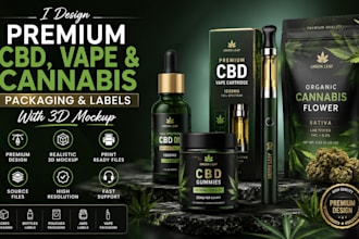 design premium cbd, vape and cannabis product packaging labels with 3d mockup