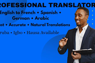 translate english to french, spanish, german and arabic