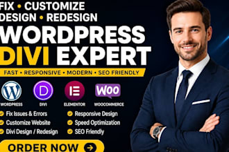 fix customize and redesign wordpress divi website using divi builder, divi theme