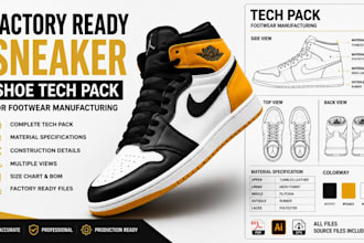 design factory ready sneaker, shoe tech pack for footwear manufacturing