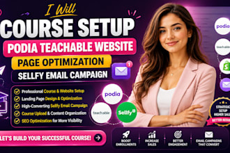 course setup podia teachable website, page optimization,  sellfy email compaign