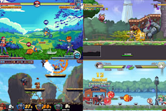 design pokémon style game UI, battle hud, pixel interface and rpg game menu