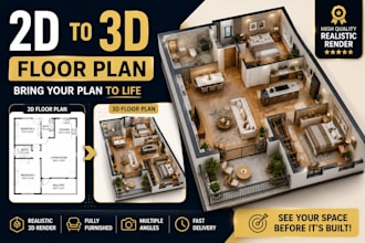 convert 2d floor plans into realistic 3d floor plan render