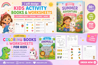 design cute kids coloring book and activity pages