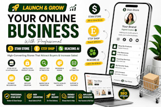 setup and promote stan store, etsy shop, beacons ai, and digital products pod