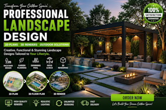 design modern landscape, backyard, patio, pool and garden in 3d rendering