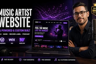 design a music website for artist, dj, band, record label and podcast website