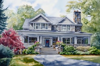 create a watercolor house portrait or buildings
