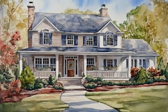 draw watercolor house portrait and building illustrations