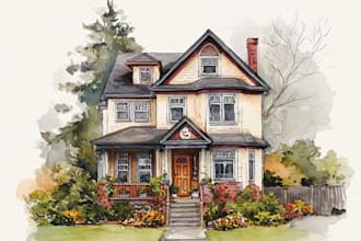 paint stylish watercolor modern villa illustration