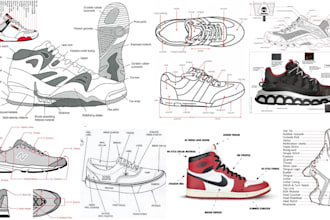design luxury footwear shoe, sneakers, tech pack heels for manufacturing