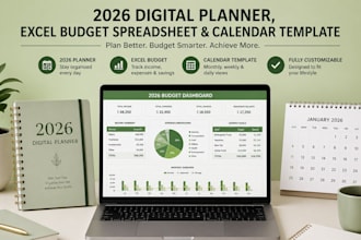 create a 2026 digital planner, excel budget spreadsheet and calendar template