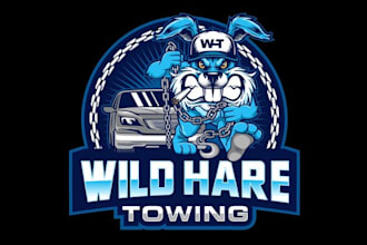 make cartoon tow company logo with a wild hare rowing