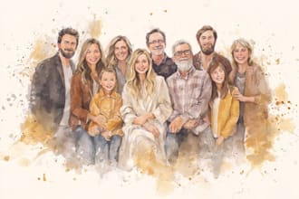 draw watercolor family portrait painting from combine photo