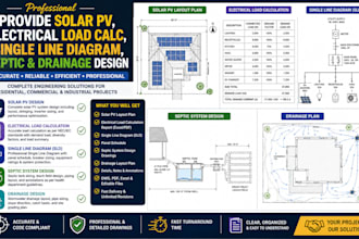 provide solar pv electrical load calc single line diagram septic drainage design