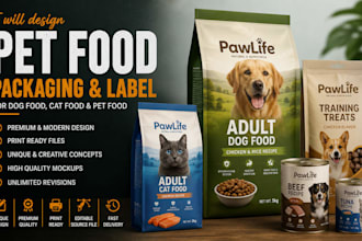 design packaging and label for dog food, cat food and pet food products