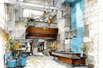 design your interior sketch into a watercolor drawing