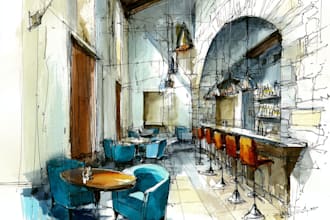 draw architectural building interior sketch with watercolor