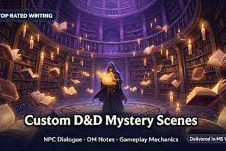 write a fantasy rpg mystery scene with narration, npc dialogue and dm notes