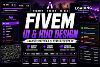 design premium fivem server UI and hud assets, fivem loading screens for gta rp