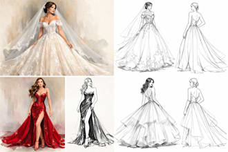 draw a fashion illustration and sketch , bridal wedding dress, prom and gown
