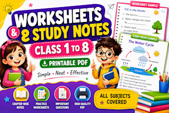 create worksheets and study notes for class 1 to 8 students