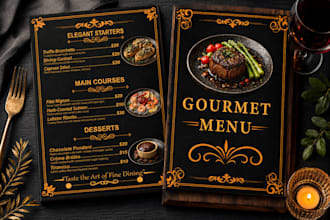 create professional restaurant menu design with vintage line art style