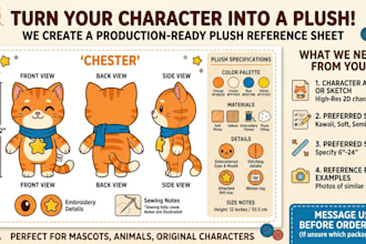 draw a production ready plush design reference sheet