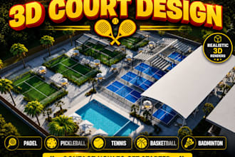 design 2d 3d padel court pickleball tennis court badminton basketball sport club