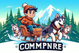 design boy riding sleigh with huskies dogs logo for youtube gaming clan